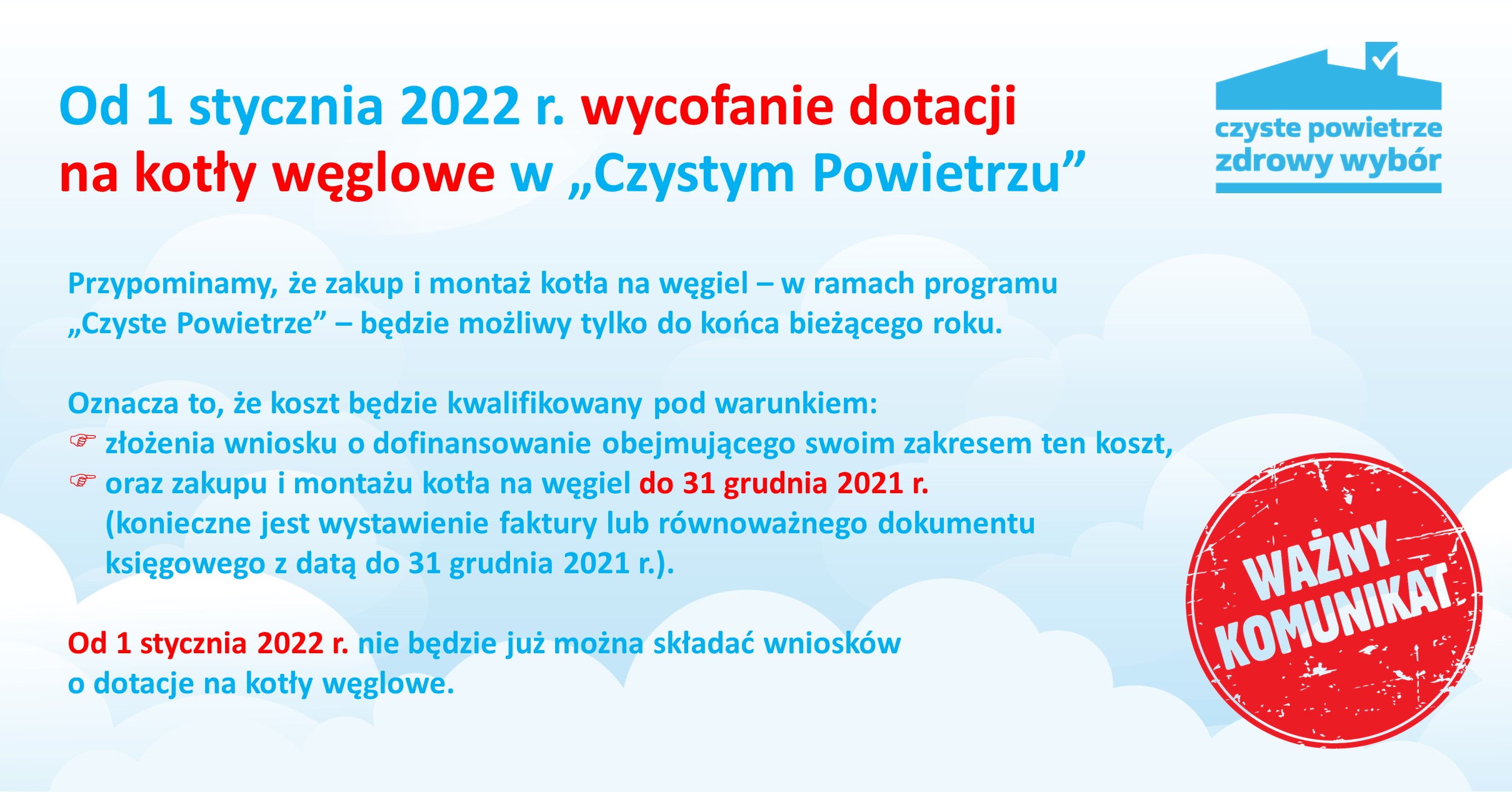 Przypomnienie o wycofaniu dotacji na kotły węglowe